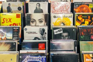 photo of records on display, presumably in a record store